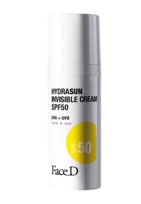 Flacone bianco di FaceD Hydrasun Invisible Cream SPF50, con erogatore a pompa, testo nero e un cerchio giallo che indica la valutazione SPF.