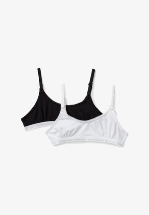 Dos bralettes: una negra y una blanca. Ambas hechas de tela suave, con tirantes finos y un ribete con forma de orilla que presenta una banda con logo impreso.