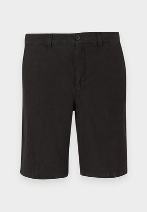 Czarne lniane szorty z zapięciem na guziki, płaskim przodem i prostym krojem. Lekka tkanina o gładkim wykończeniu.