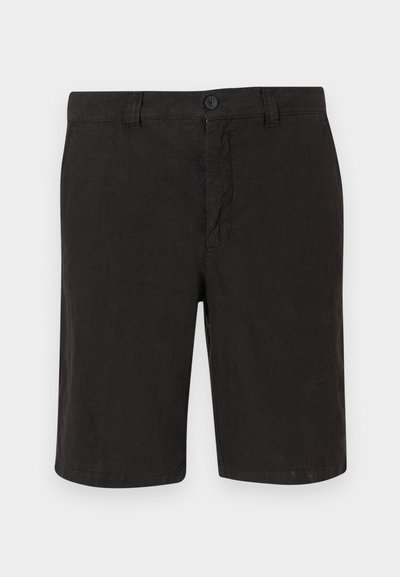 Melnas lina šortas ar pogu priekšpusē, plakans priekšējais dizains un taisna griezuma. Viegls audums ar gludu apdari.