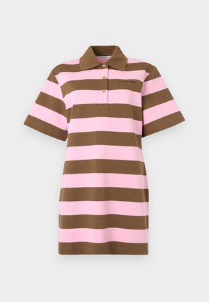 Polo obleka s kratkimi rokavi, širokimi vodoravnimi roza in rjavimi črtami ter z gumbnim zapenjanjem s tremi gumbi.