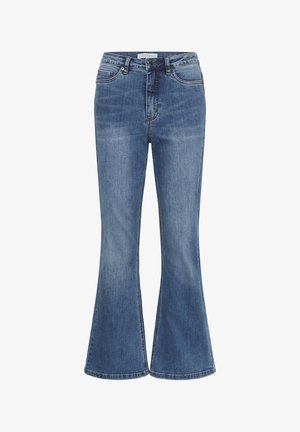 Blå denim jeans med høj talje, frontlukning med knap og lynlås, og let udvidede ben.