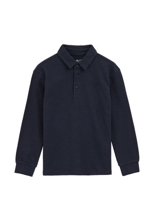 Marineblaues Langarm-Polohemd aus strukturiertem Stoff, mit Kragen, Knopfleiste mit drei Knöpfen und einem kleinen Logo auf der Brust.
