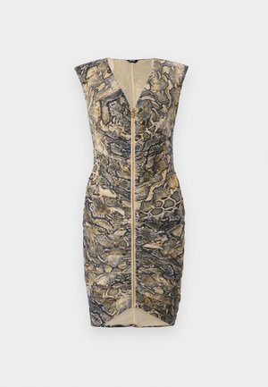 Tailliertes ärmelloses Kleid mit strukturiertem Schlangenmuster in den Farben Gold, Grau und Schwarz. Verfügt über einen Reißverschluss auf der Vorderseite und eine konische Silhouette.