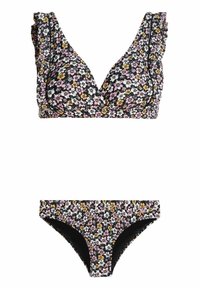 Conjunto de bikini floral negro con escote pronunciado y tirantes con volantes en la parte superior. La parte inferior tiene un patrón floral a juego.