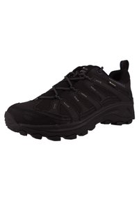 Chaussure de randonnée noire avec dessus en synthétique, panneaux texturés, embout renforcé et semelle en caoutchouc avec une sculpture agressive pour une meilleure traction.