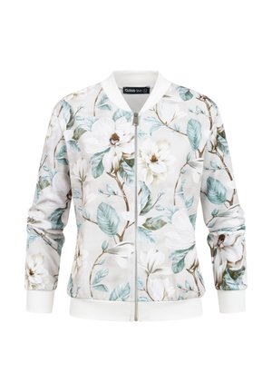 Hvid bomberjakke med lynlås, med mønster af blågrønne blade og store hvide blomster, ribstrikket krave, manchetter og kant.