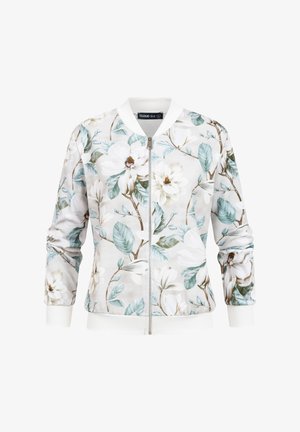 Valkoinen vetoketjullinen bomber-takki, jossa on sinivihreitä lehtiä ja suuria valkoisia kukkia, resorikaulus, -hihat ja -helma.
