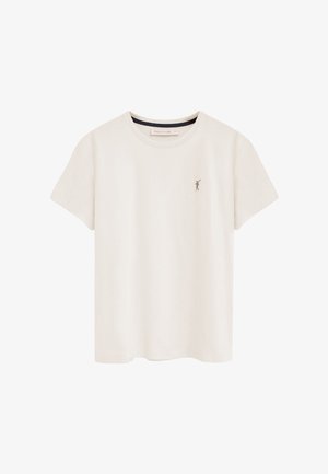 Maglietta girocollo a maniche corte di colore bianco sporco, con piccolo logo ricamato di un giocatore di polo sul lato sinistro del petto.