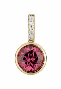 Gouden hanger met een grote roze edelsteen omgeven door een gepolijst montuur, met vijf kleine ronde diamanten gezet op een gestructureerde bail.