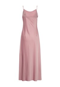 Robe longue en satin rose poudré sans manches avec fines bretelles et liens décoratifs au niveau de la poitrine et du haut du dos, coupe droite et longueur au sol.