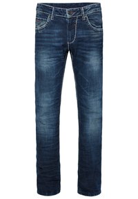 Jeans in denim blu scuro, caratterizzati da un taglio dritto classico, tasche frontali e cuciture in contrasto lungo le cuciture.