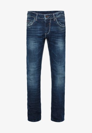 Jeans in denim blu scuro, caratterizzati da un taglio dritto classico, tasche frontali e cuciture in contrasto lungo le cuciture.