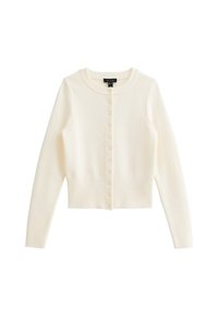 Krämfärgad ribbad cardigan i mjukt material, med rund hals, långa ärmar och framknäppning med små knappar.