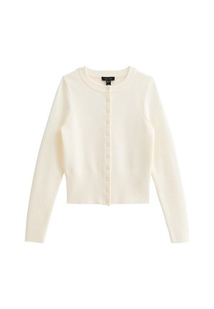 Cardigan a coste color crema realizzato in morbido tessuto, con collo rotondo, maniche lunghe e chiusura frontale con bottoni piccoli.