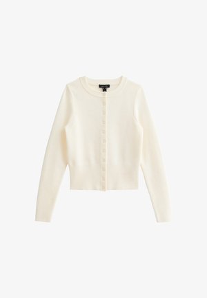 Crème ribgebreide cardigan gemaakt van zachte stof, met een ronde hals, lange mouwen en een voor sluiting met kleine knopen.