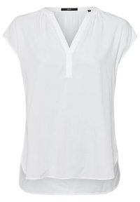 Blouse blanche avec un décolleté en V, des manches courtes et un ourlet légèrement arrondi. Conçue en tissu léger et lisse avec un éclat subtil.