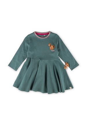 Robe pour tout-petit à manches longues couleur sarcelle avec jupe évasée, col rayé rose et patchs marron en forme de cheval sur la poitrine et la manche.