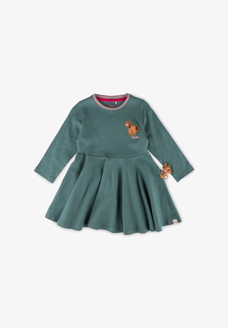 Robe pour tout-petit à manches longues couleur sarcelle avec jupe évasée, col rayé rose et patchs marron en forme de cheval sur la poitrine et la manche.