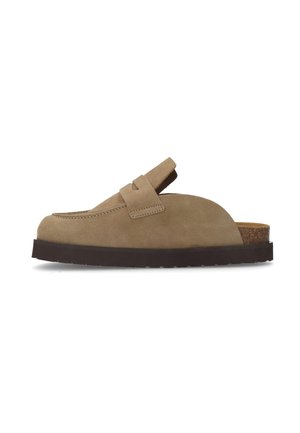 Closed-toe brown suede slip-on shoe with a black sole and a wide strap across the upper, shown from the side on a white background.