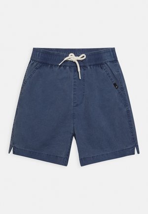 Navy blue casual shorts with elastic waistband, white drawstring, side pockets, and small side slits at the leg hems.