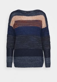 Knit sweater with a round neckline, featuring horizontal stripes in shades of navy, brown, and beige. Textured fabric with a loose fit.