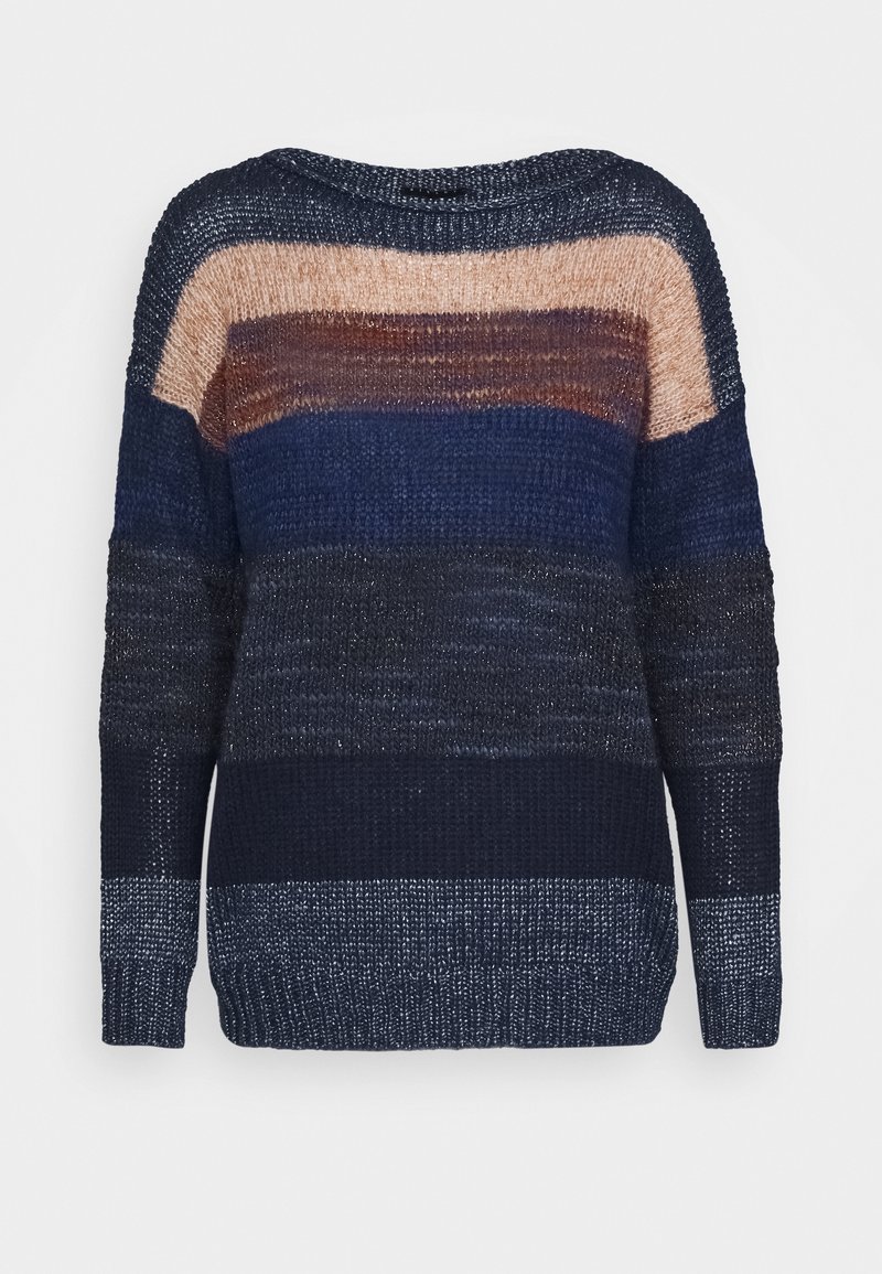Knit sweater with a round neckline, featuring horizontal stripes in shades of navy, brown, and beige. Textured fabric with a loose fit.