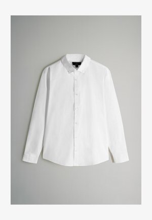 Camicia bianca a maniche lunghe con bottoni, realizzata in tessuto intrecciato, con colletto a punta, orlo dritto e chiusura standard con bottoni.