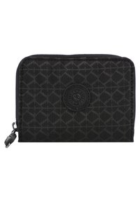 Portafoglio nero in tessuto texturizzato, con un motivo geometrico, una toppa con logo e una chiusura con zip dotata di un tirante in argento.