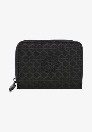 Black wallet made of textured fabric, featuring a geometric pattern, a logo patch, and a zippered closure with a silver pull tab.