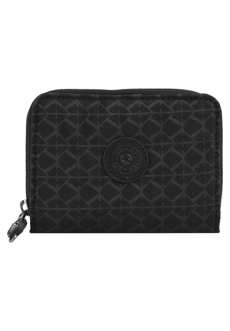 Portafoglio nero in tessuto texturizzato, con un motivo geometrico, una toppa con logo e una chiusura con zip dotata di un tirante in argento.