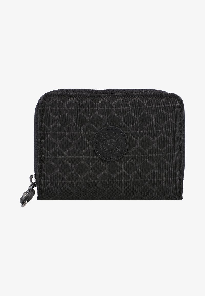 Black wallet made of textured fabric, featuring a geometric pattern, a logo patch, and a zippered closure with a silver pull tab.