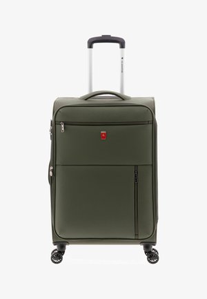 Groene zachte koffer met uitgeschoven telescoopgreep, voorvakken met rits, zijgreep en vier zwenkwielen.