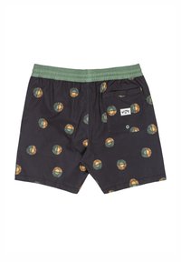 Shorts da nuoto da uomo in tessuto scuro, con motivi circolari gialli e verdi. Presentano una vita elastica e una tasca sul retro.