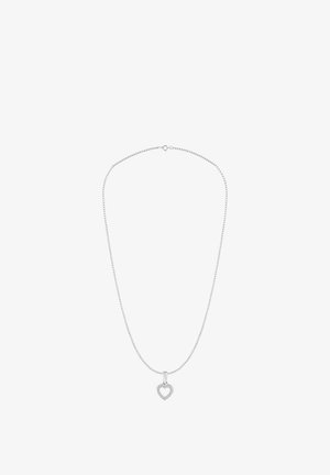 Hopeinen ketjukoru, jossa on sydämenmuotoinen riipus, joka on koristeltu pienillä kivillä. Ketju on tyylikäs ja siinä on hienovarainen, teksturoitu pinta.