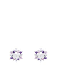 Orecchini a bottone argento a forma di farfalla, decorati con gemme trasparenti, rosa e viola, con un design floreale.