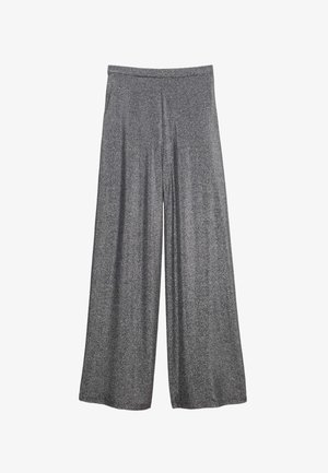 Pantaloni a gamba larga in un tessuto grigio metallico, caratterizzati da una texture morbida, una vita elastica e un design fluttuante senza cuciture visibili.