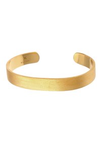 Bracciale in metallo dorato con finitura liscia e spazzolata. Bordo arrotondato, design aperto e aspetto minimalista. Senza decorazioni né motivi.