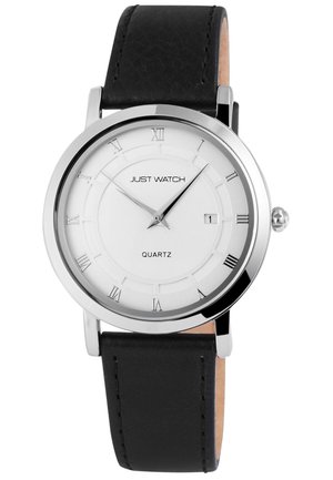 Round quartz watch with a silver-tone stainless steel case, white dial, black leather strap, Roman numeral markers, and a date window.