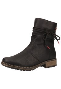 Black leather ankle boot with a slightly pointed toe, gathered collar, and brown block heel. Features red accents and decorative stitching.