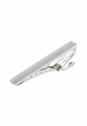 Silberner Metall-Krawattenclip mit einer eleganten, rechteckigen Form, der eine glatte Oberfläche und einen strukturierten Greifmechanismus auf der Rückseite aufweist.