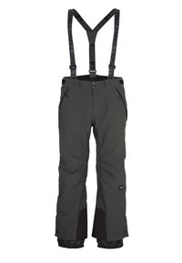Pantalones de esquí grises con tirantes negros ajustables, bolsillos laterales, paneles inferiores de pierna reforzados y puños elásticos en el tobillo para un ajuste seguro.