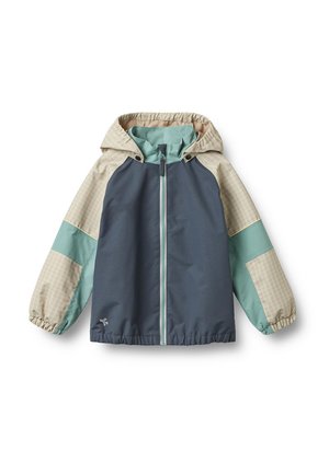Chaqueta con capucha para niños con cremallera frontal, mangas beige y verde azulado, y cuerpo azul oscuro, exhibida sobre un fondo blanco.