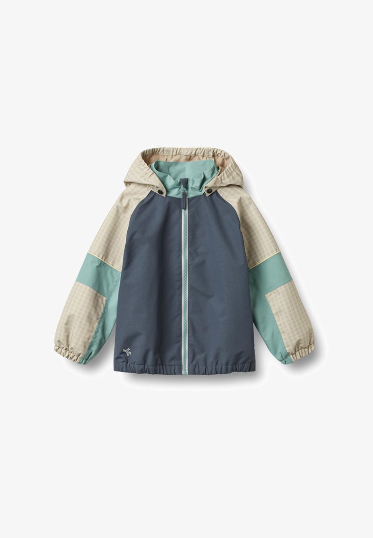 Veste à capuche pour enfants avec fermeture éclair frontale, manches beige et bleu sarcelle, et corps bleu marine, présentée sur un fond blanc.
