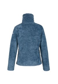 Blauwe fleecejack met een hoge kraag, textuur oppervlak en lange mouwen. Heeft een eenvoudig ontwerp zonder zichtbare sluitingen of versieringen.