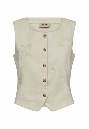 Krémová vesta bez rukávov na zapínanie na gombíky s jemným vyšívaným kvetinovým vzorom a okrúhlym výstrihom.