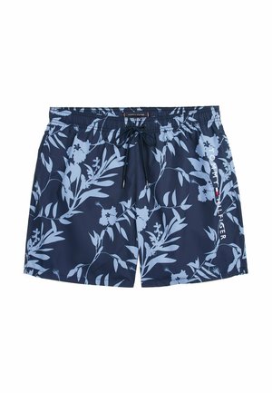 Marineblauwe zwemshorts met lichtblauwe bloemenpatronen, elastische tailleband, koord en logo detail aan de zijkant.