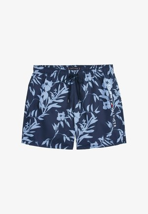 Mørkeblå badebukser med lyseblå blomster mønstre, elastisk talje, snor og logo detaljer på siden.