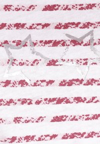Light fabric shirt featuring horizontal red stripes on a white background, with two silver embroidered star shapes. Soft texture.