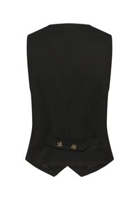 Juodas be rankovių liemenė su pritaikytu siluetu, turinti V formos nugarą, du žalvario mygtukus ir jokių matomų raštų ar puošmenų.